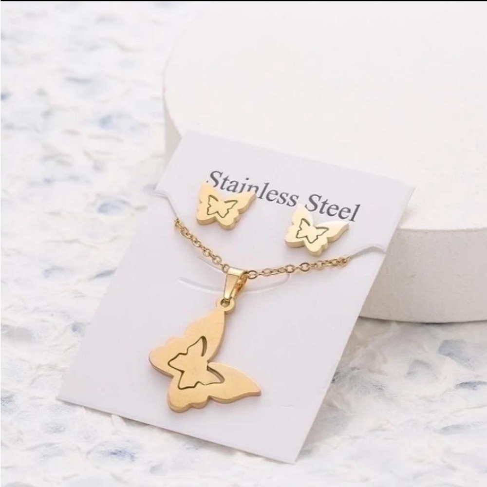 Gold Butterfly Stainless Steel Jewelry Set